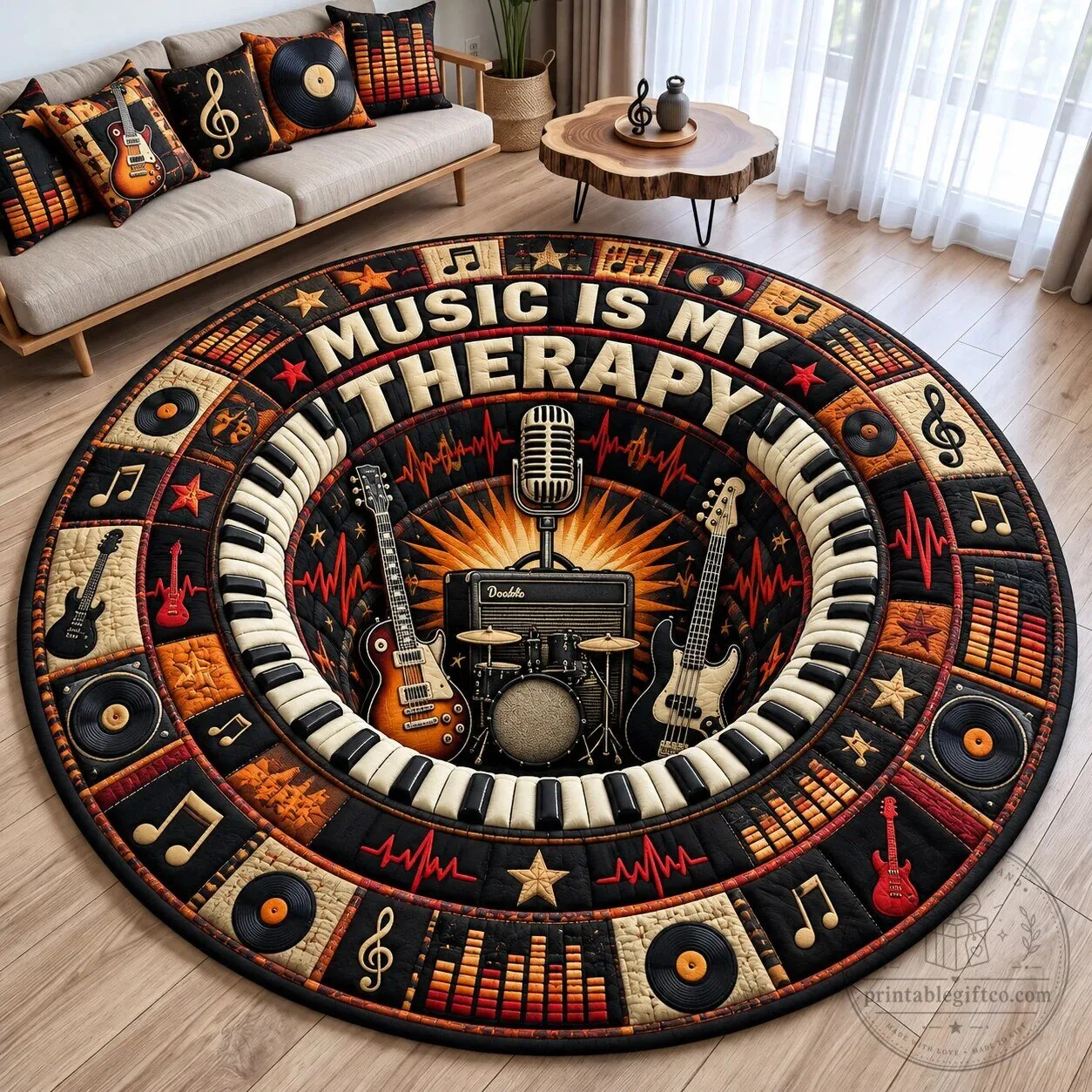 Music Is My Therapy Round Area Rug with Guitar and Piano Design