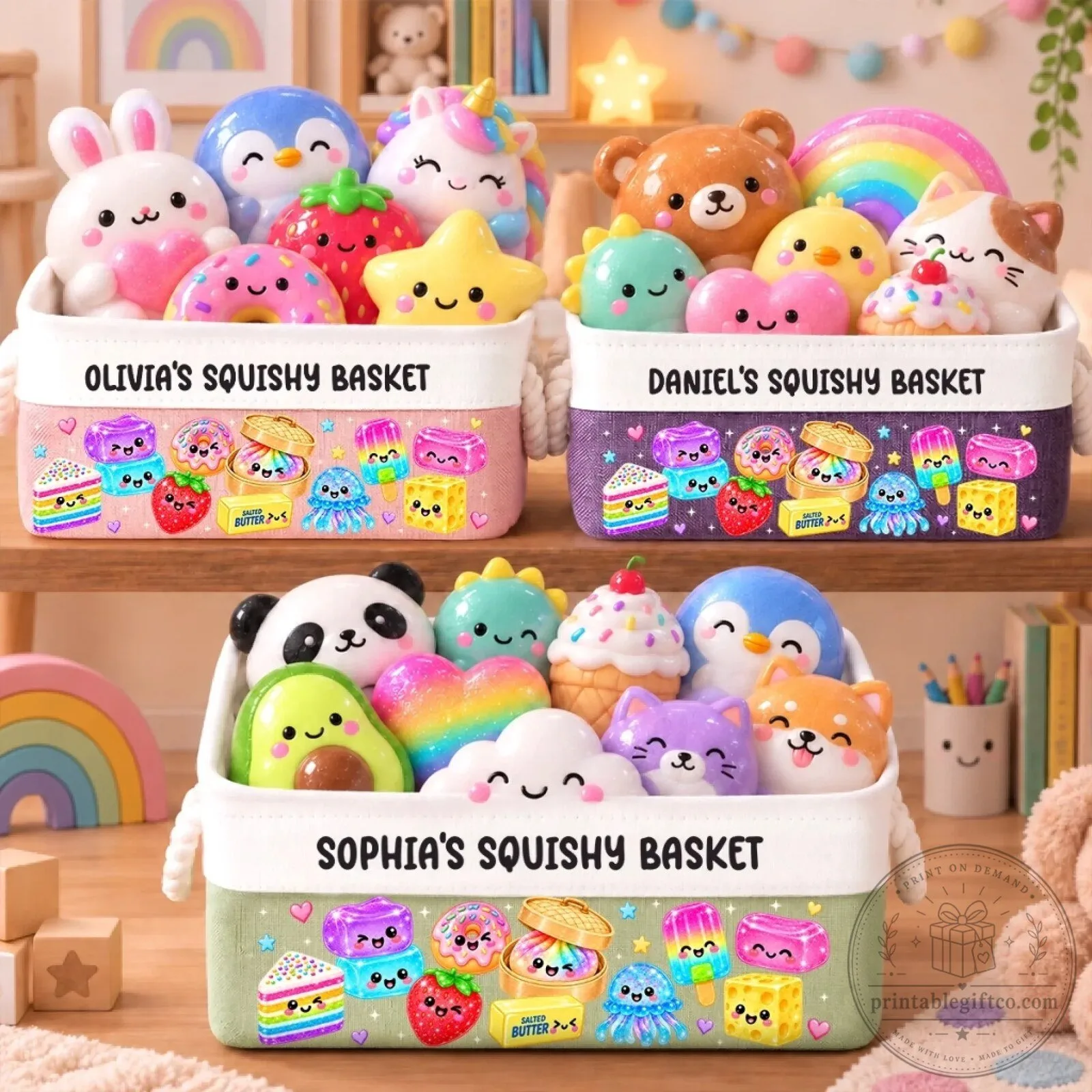 Personalized Kawaii Food and Animal Squishy Toy Storage Basket for Kids