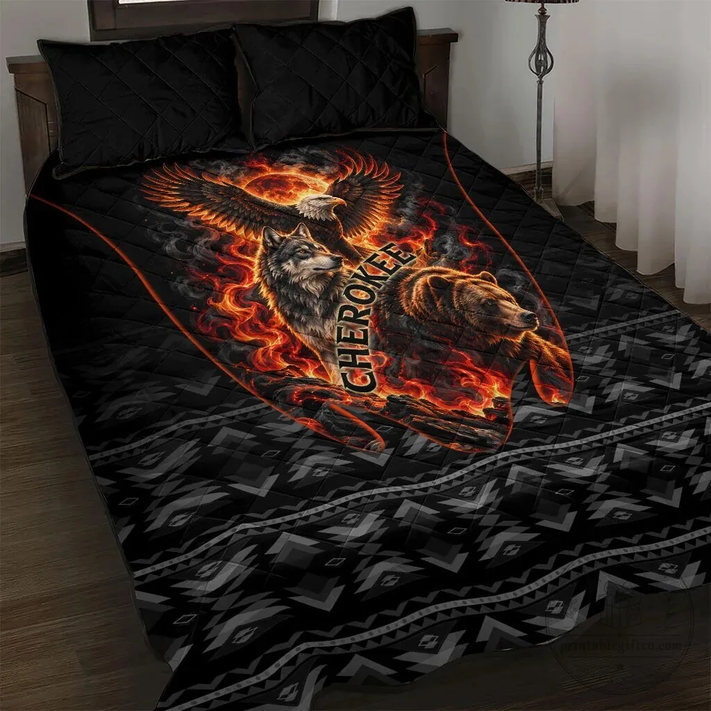 Cherokee Spirit Animals Fiery Tribal Art Wolf Bear Eagle Quilt Bedding Set
