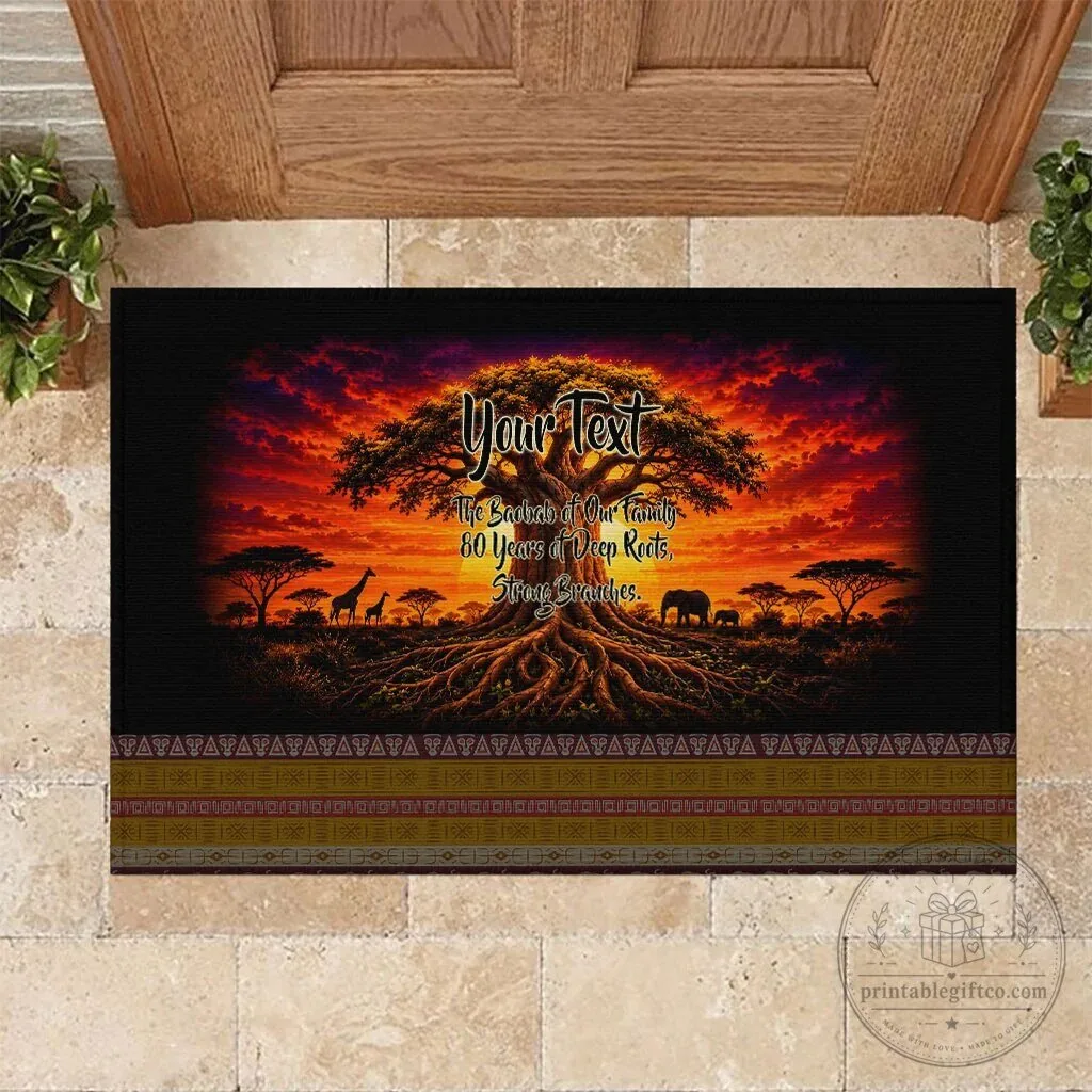 Personalized Baobab Tree African Sunset Savanna Silhouette Tribal Heritage Art Doormat