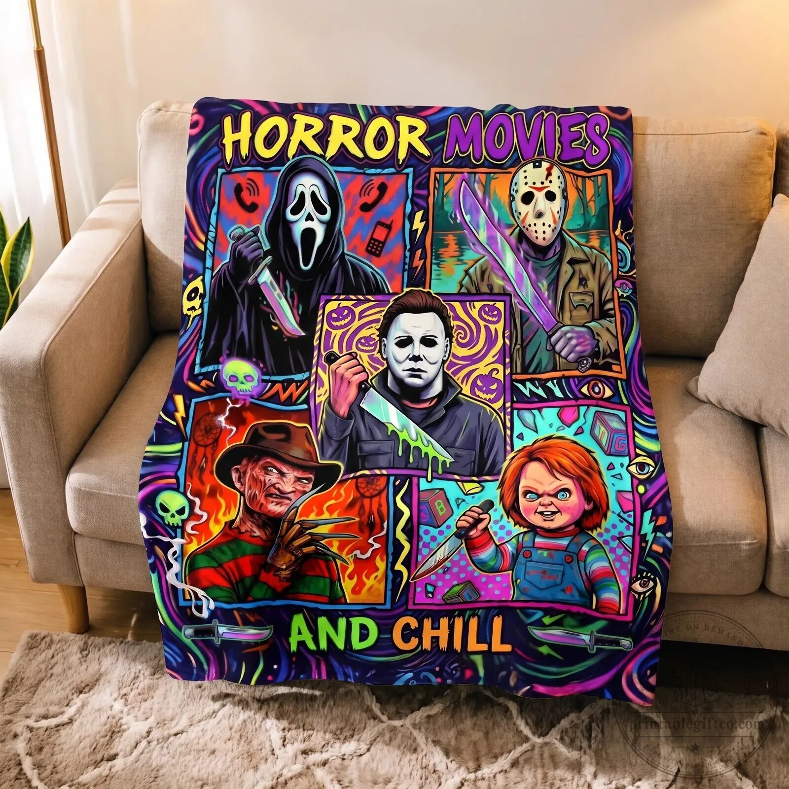 Horror Movies and Chill Halloween Blanket with Michael Myers and Freddy Krueger