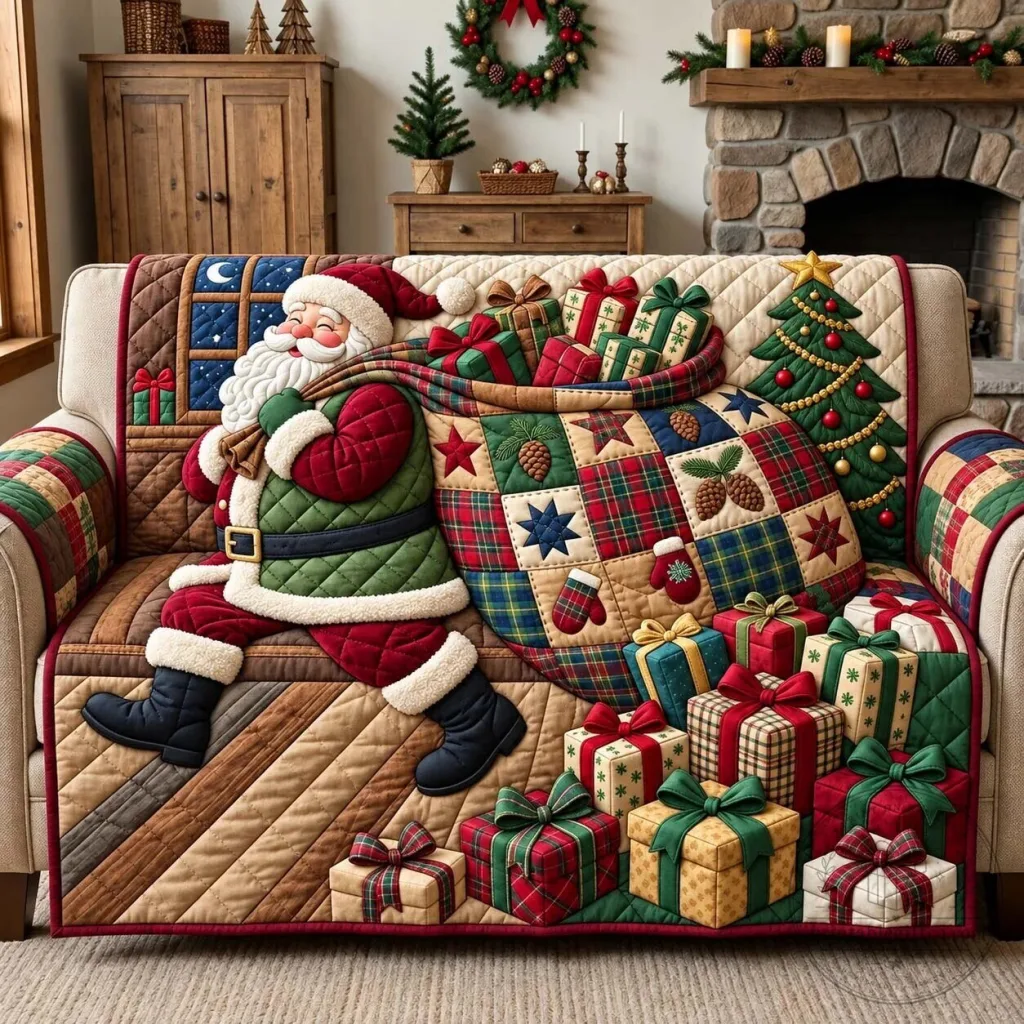 Santa Claus Christmas Presents Quilted Sofa Cover Protector Slipcover Santa Claus Christmas Presents Quilted Sofa Cover Protector Slipcover