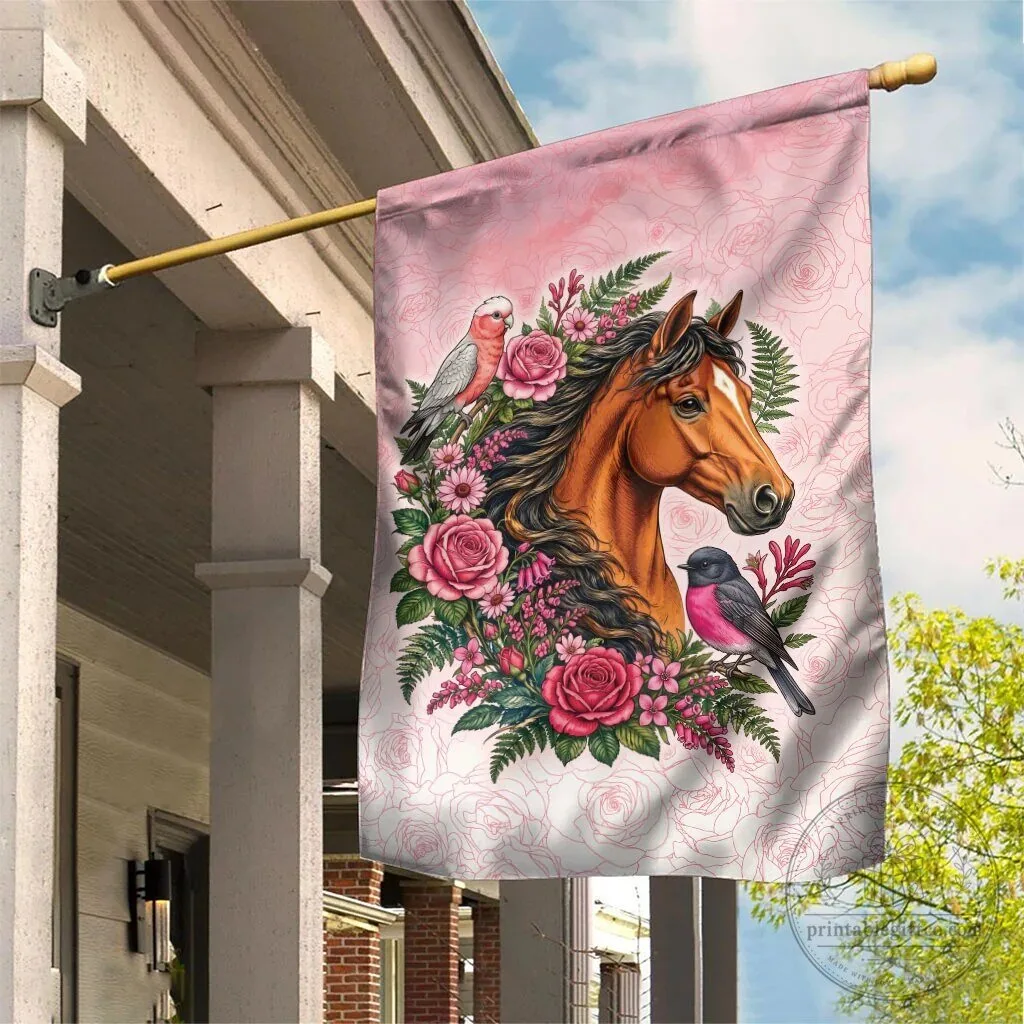 Horse and Birds Pink Rose Wreath Garden Flag