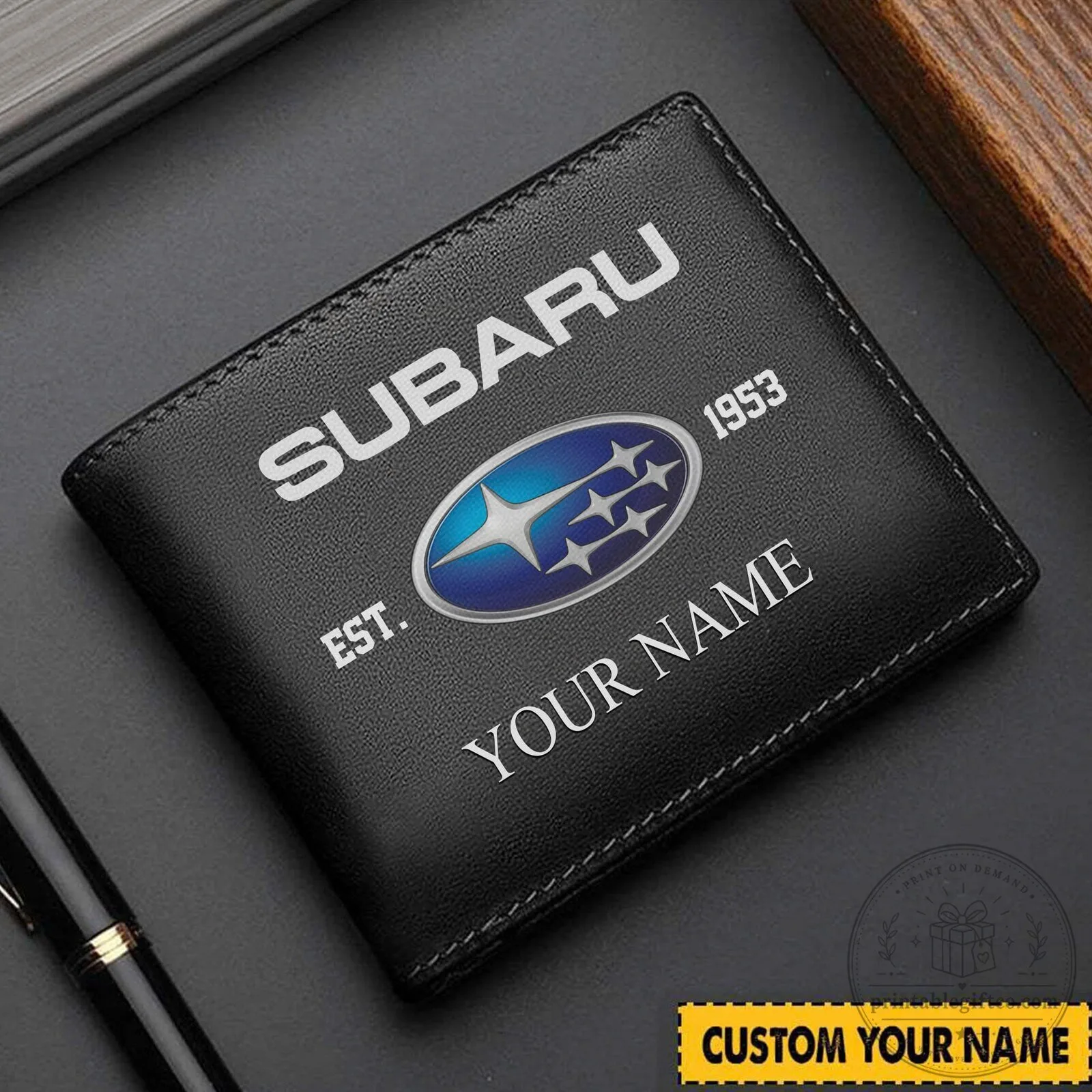 Subaru Est. 1953 Custom Name Black Leather Bifold Wallet