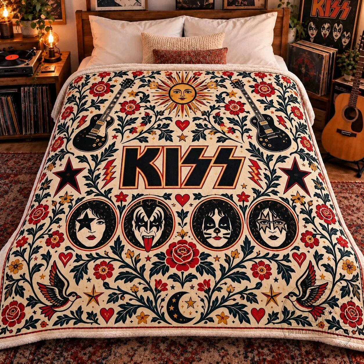 KISS Music Fan Decor Blanket, Vintage Rock Band Fleece Throw for Bedroom and Music Room