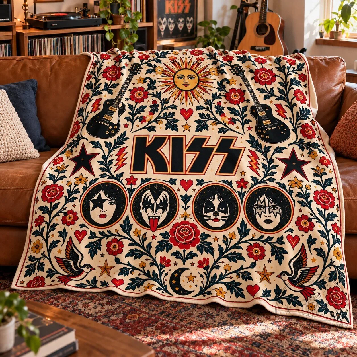 KISS Music Fan Decor Blanket, Vintage Rock Band Fleece Throw for Bedroom and Music Room – image 2 of 5