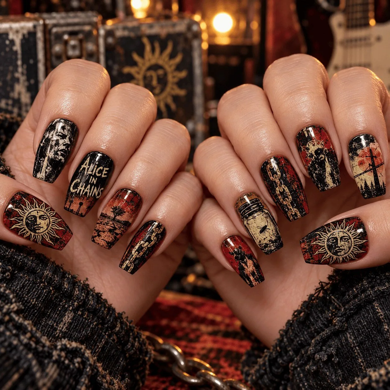 Alice in Chains Dark Grunge Sun Music Band Press-On Nails Set
