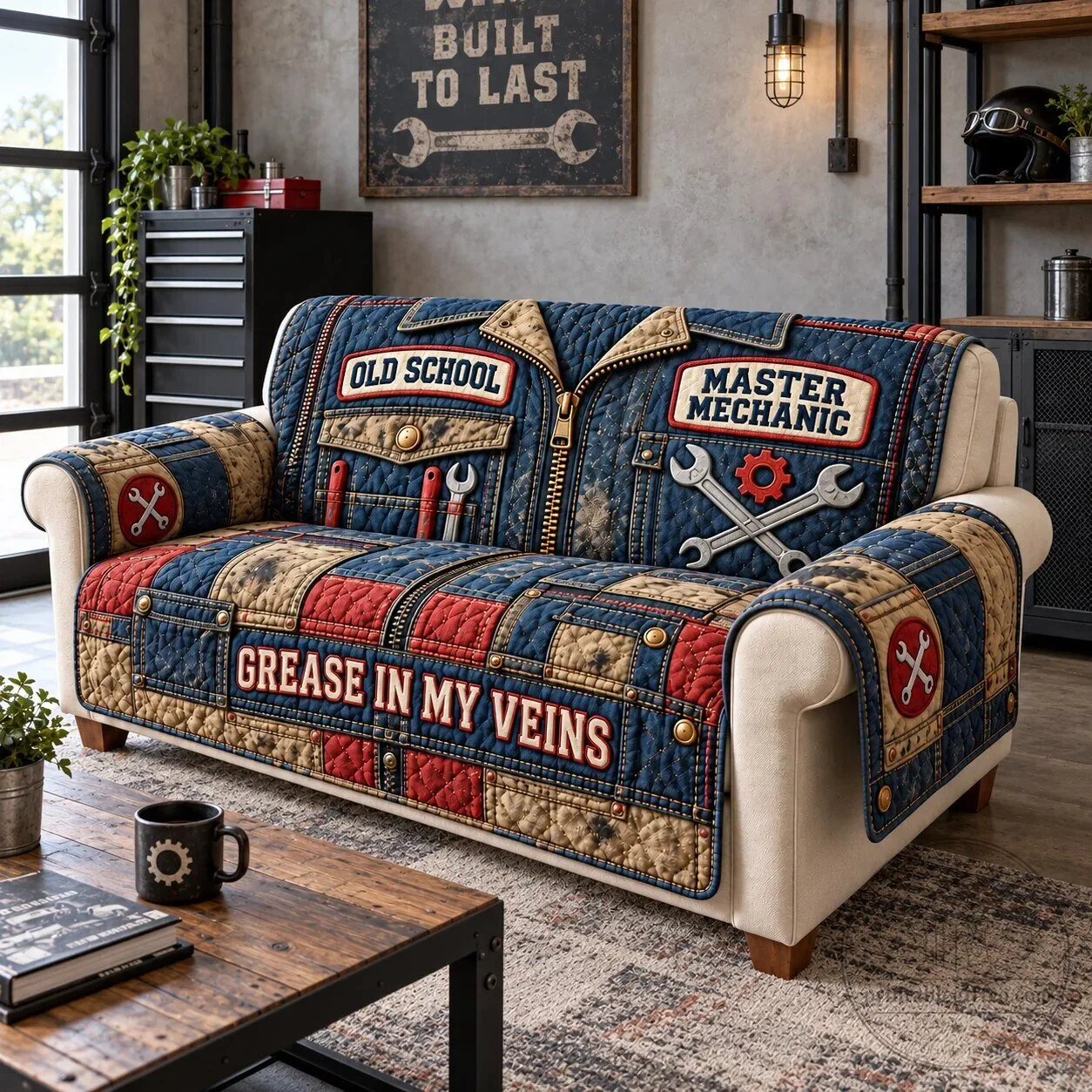 Old School Master Mechanic Denim Style Quilted Sofa Cover for Living Room Decor