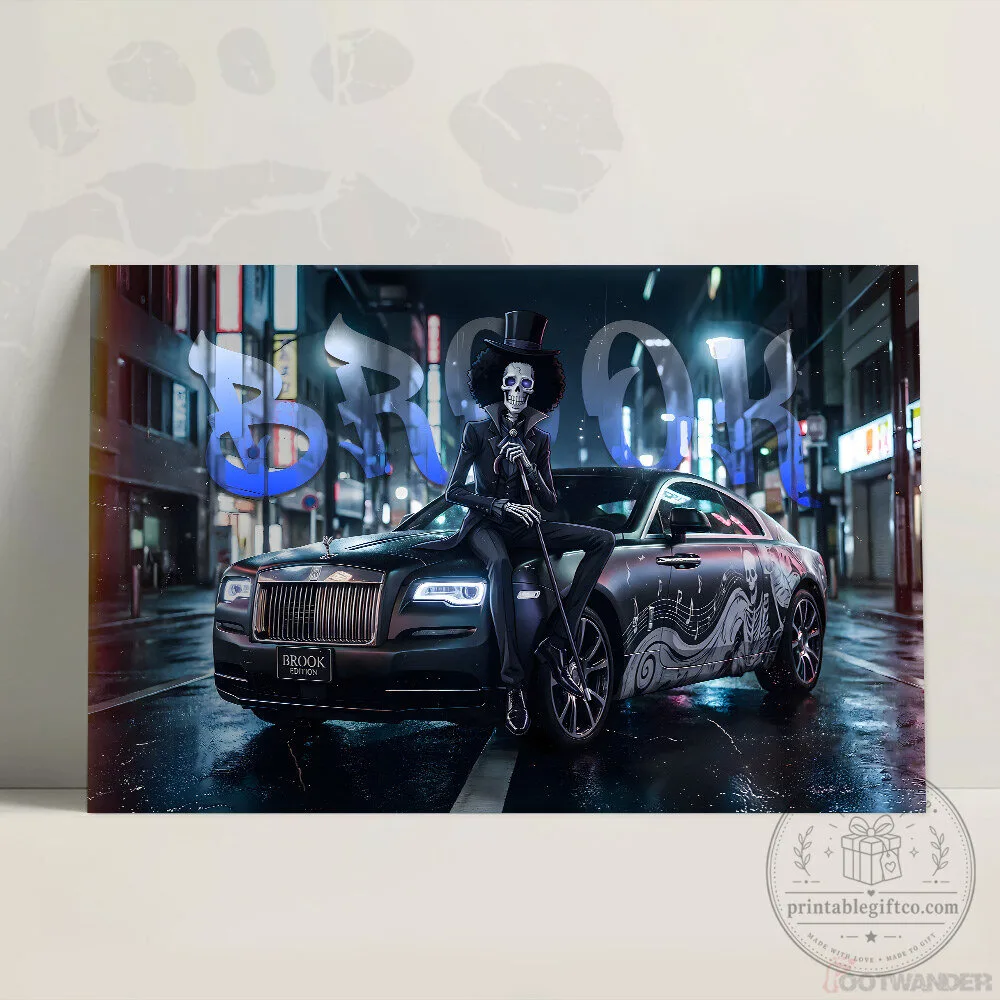 Brook One Piece Character Skeleton Musician Rolls Royce Car Canvas Wall Art
