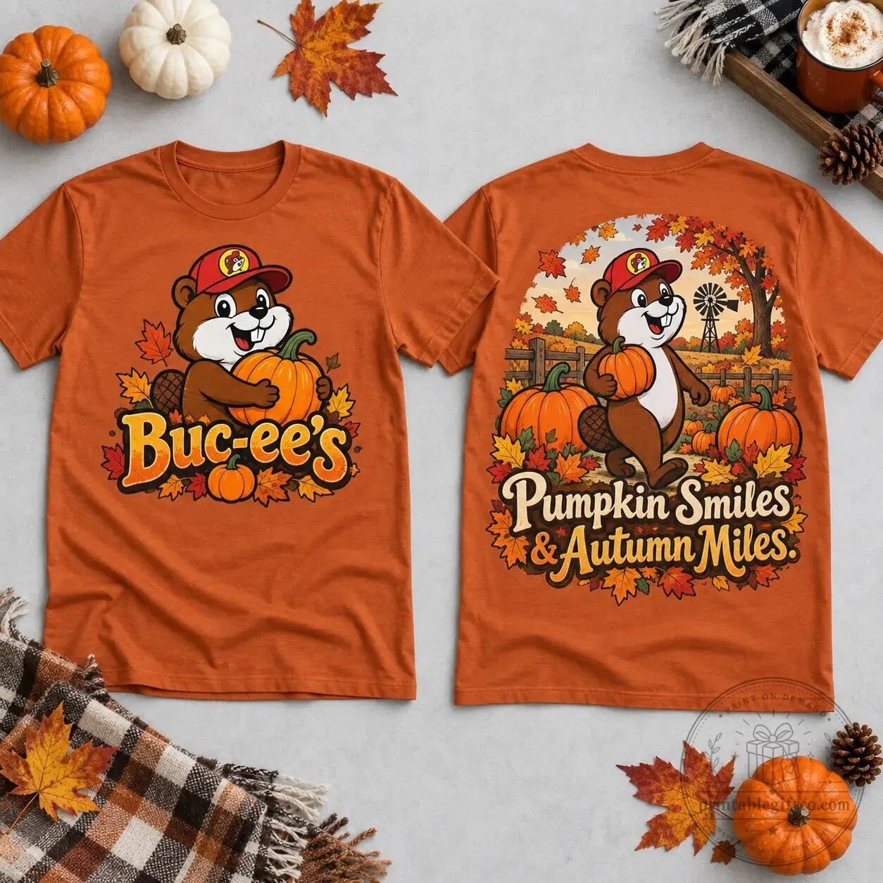 Buc-ee's Pumpkin Beaver Autumn T-Shirt for Fall Miles and Harvest Road Smiles