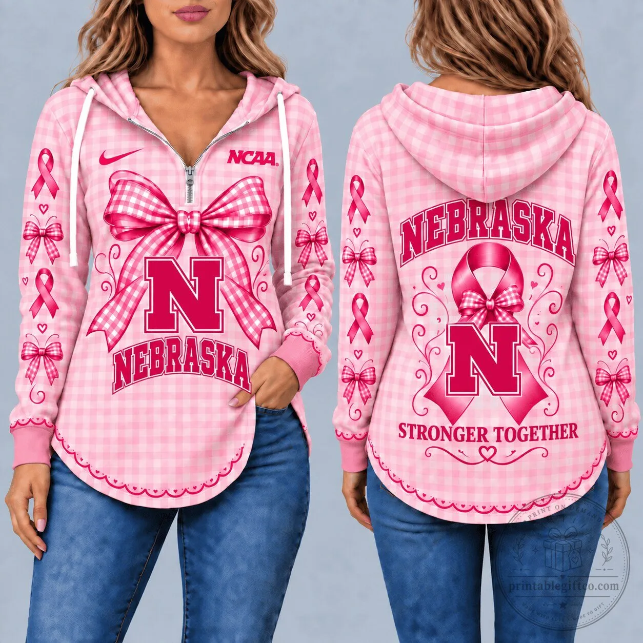 Nebraska Cornhuskers Breast Cancer Awareness Pink Gingham Ribbon Women's Hoodie
