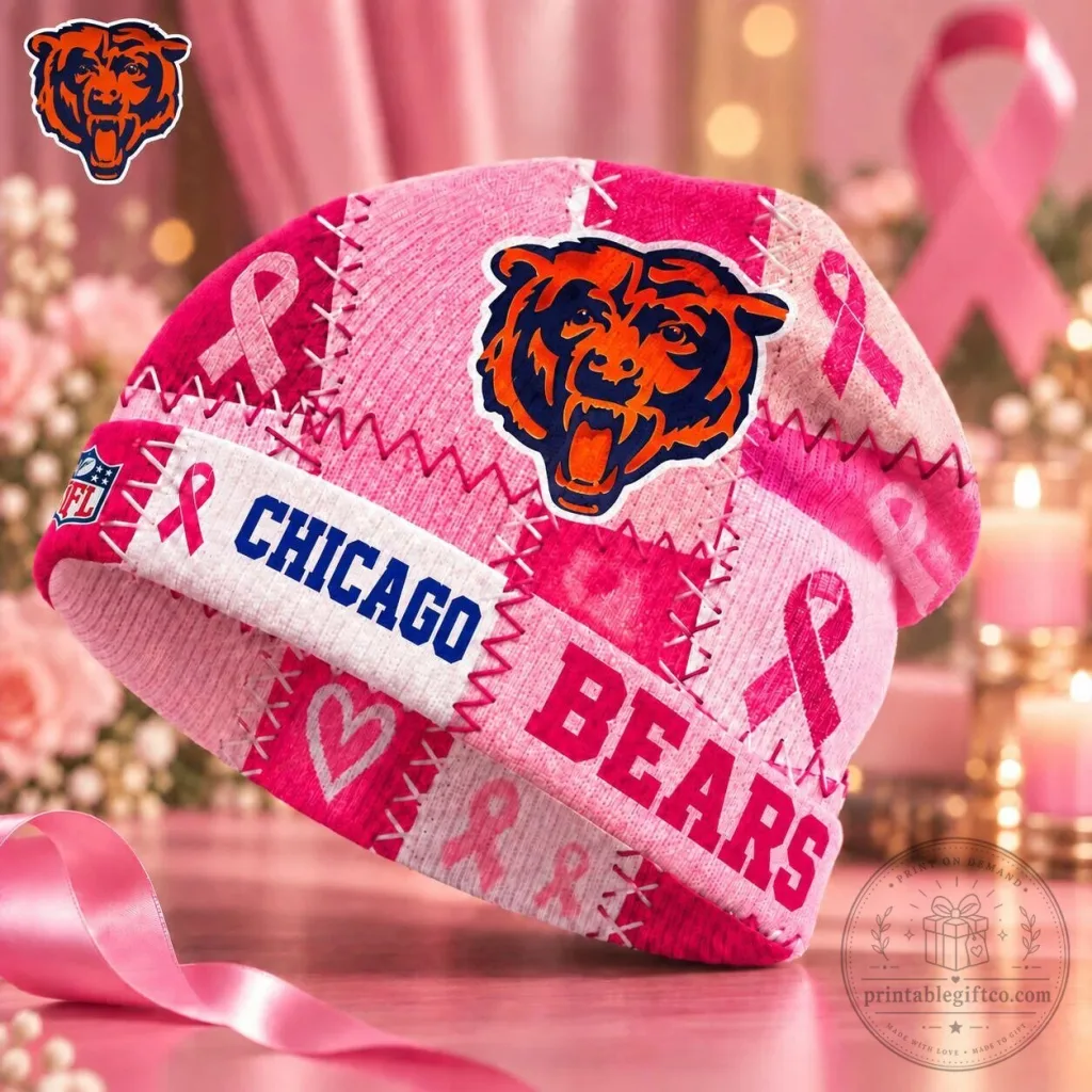 Chicago Bears NFL Breast Cancer Awareness Pink Ribbon Patchwork Beanie Hat Chicago Bears NFL Breast Cancer Awareness Pink Ribbon Patchwork Beanie Hat