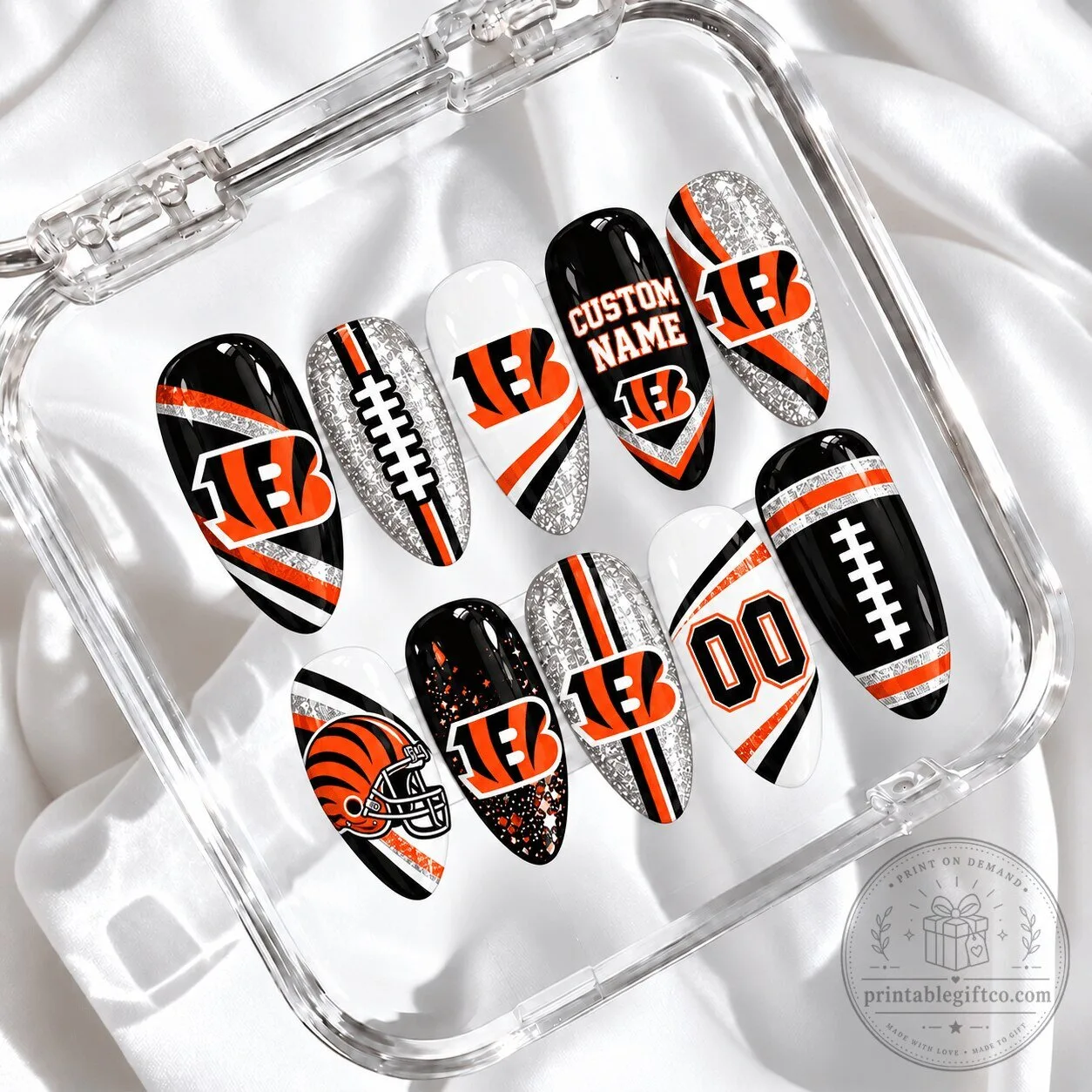 Cincinnati Bengals Football Team Sparkle Custom Press On Nails Set