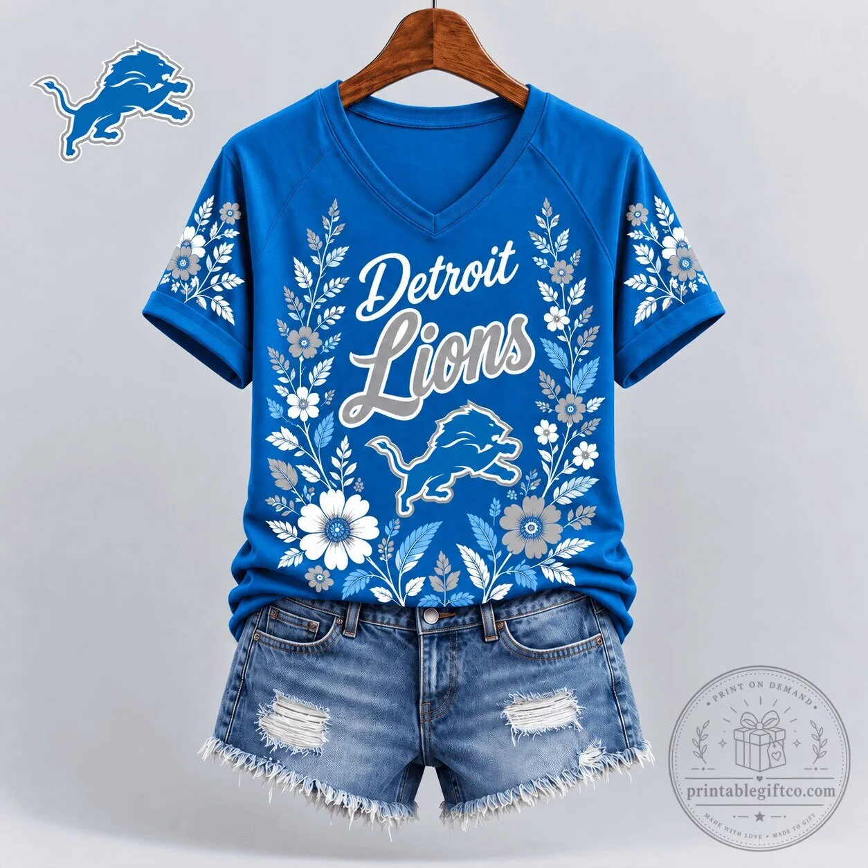 Detroit Lions Shirt Women's Floral Spirit V-Neck T-Shirt