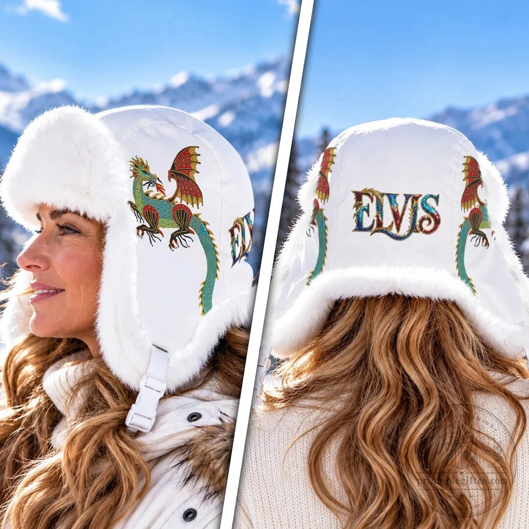 Elvis Presley Dragon Design White Faux Fur Trapper Hat