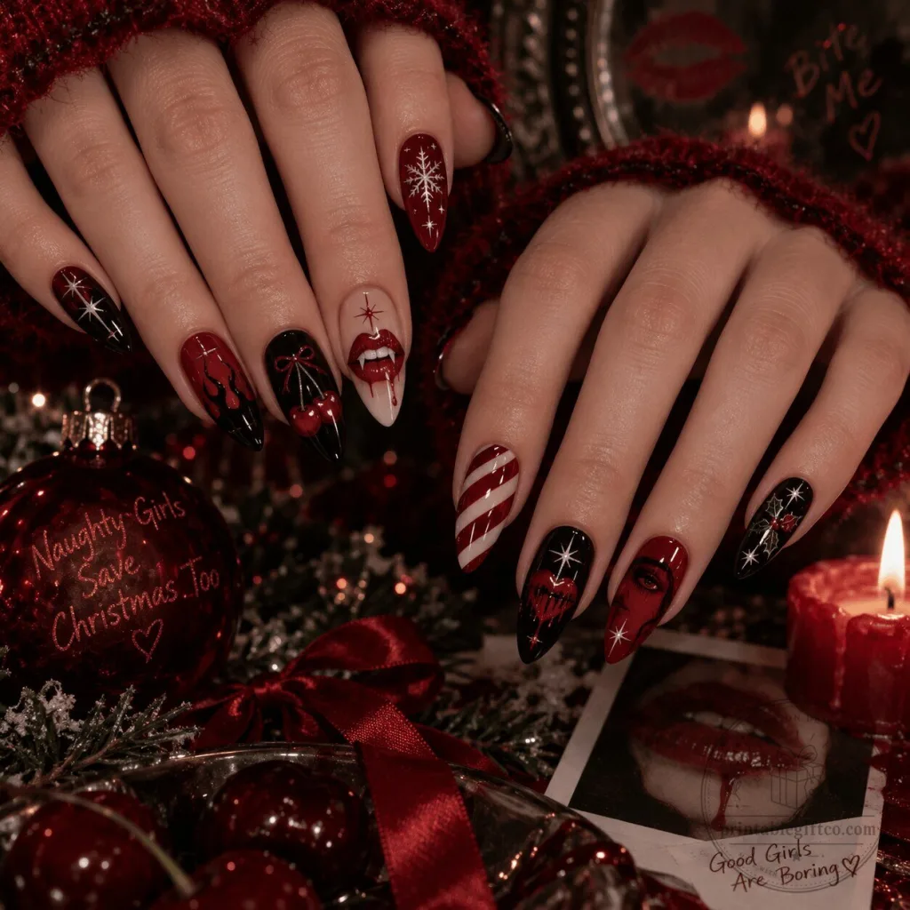 Christmas Vampire Fangs and Cherries Press-On Nails Set Christmas Vampire Fangs and Cherries Press-On Nails Set