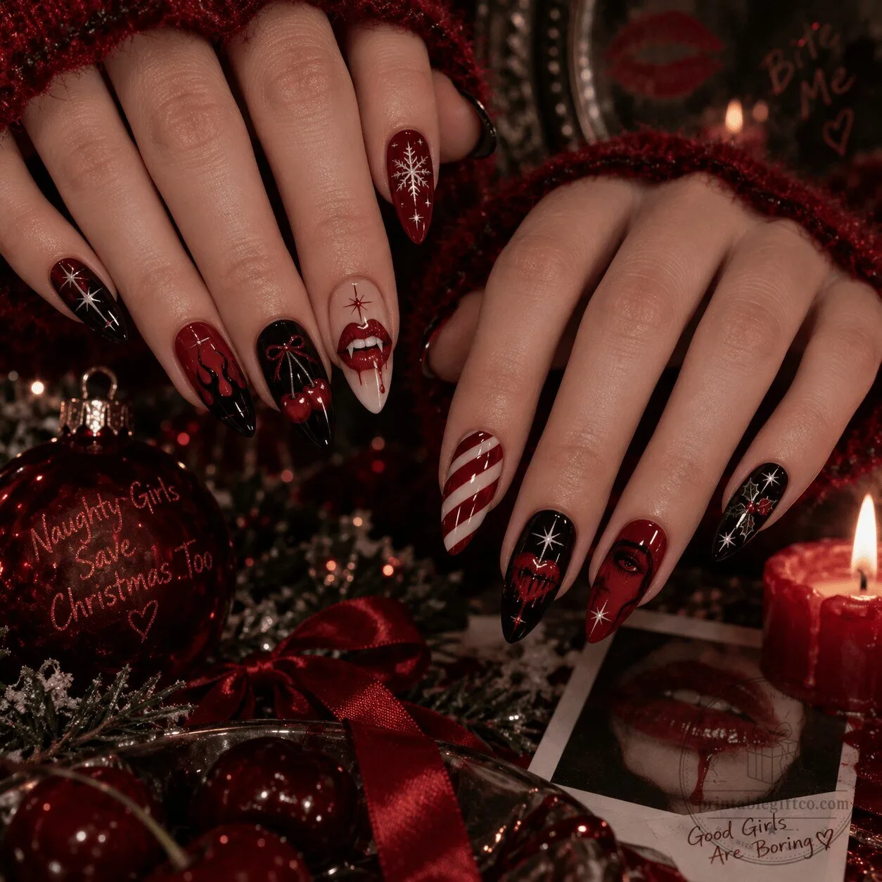 Christmas Vampire Fangs and Cherries Press-On Nails Set