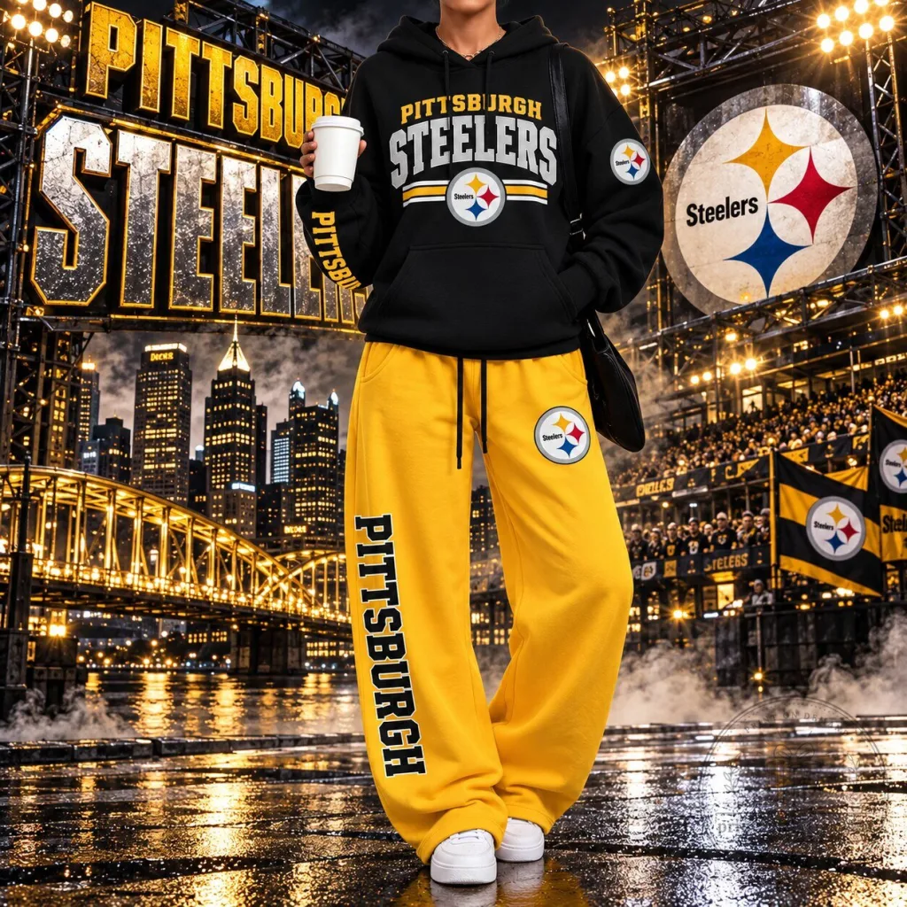 Pittsburgh Steelers Football Team Logo Black Hoodie and Yellow Sweatpants Set Pittsburgh Steelers Football Team Logo Black Hoodie and Yellow Sweatpants Set