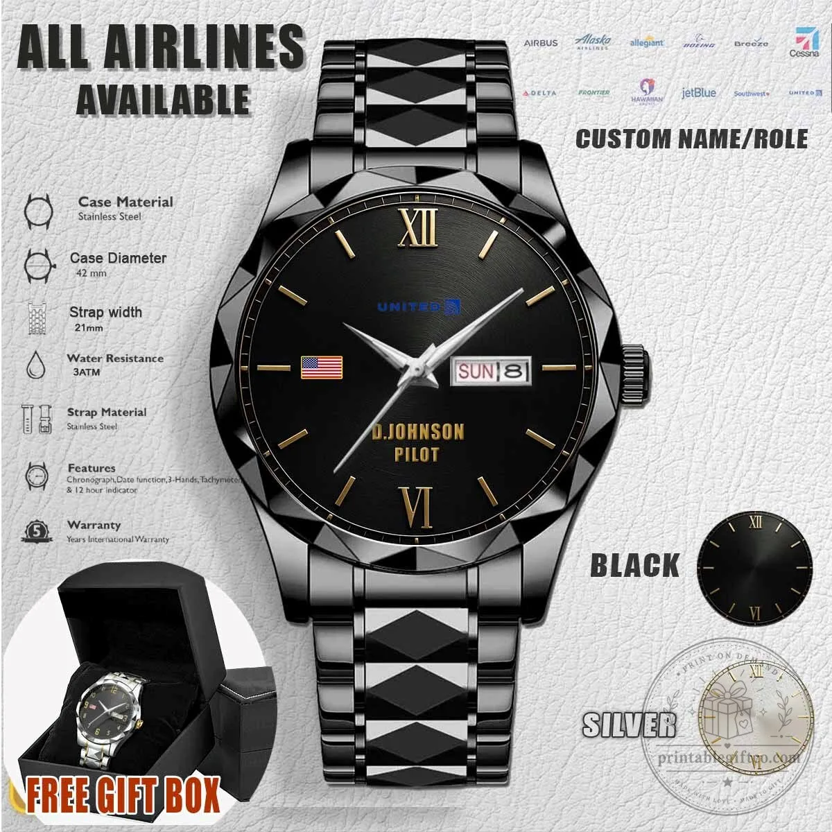 United Airlines Pilot Stainless Steel Quartz Watch with Custom Name
