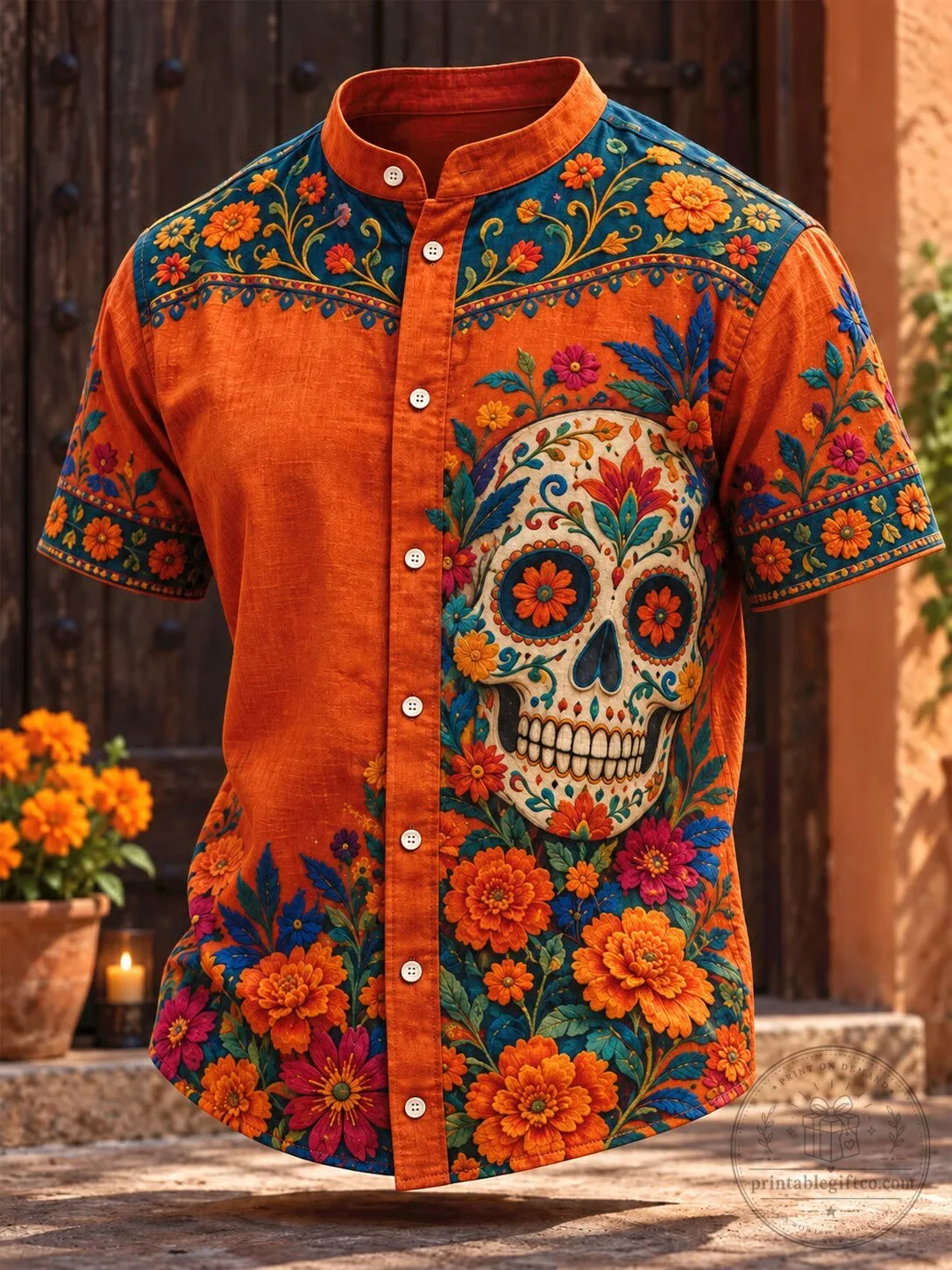 Day of the Dead Sugar Skull Floral Print Men's Casual Button-Down Hawaiian Shirt