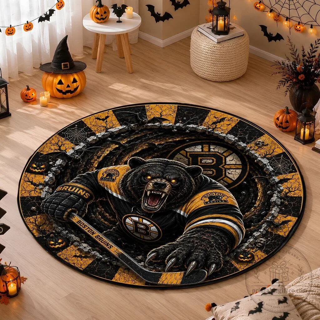 Boston Bruins Halloween Scary Bear Round Quilted Area Rug