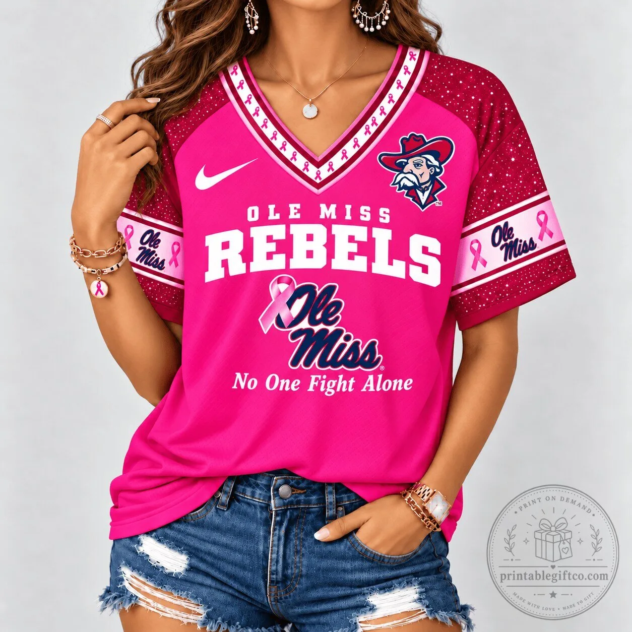 Ole Miss Rebels No One Fights Alone Breast Cancer Awareness V-Neck T-Shirt