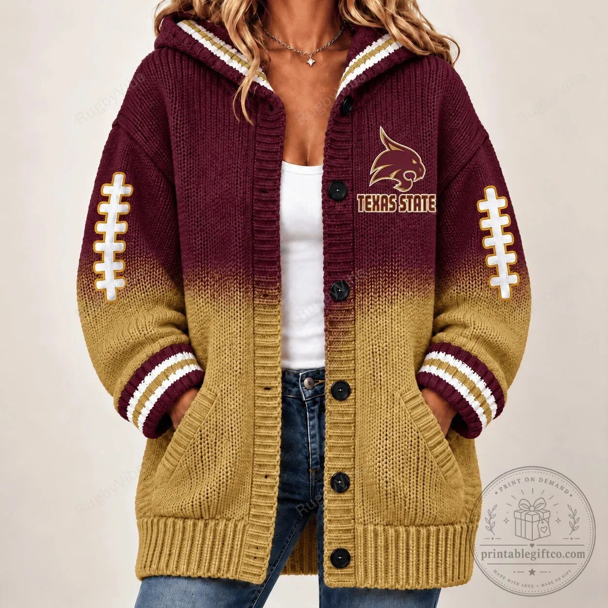 Texas State Bobcats Football Team Logo Ombre Hooded Cardigan Sweater